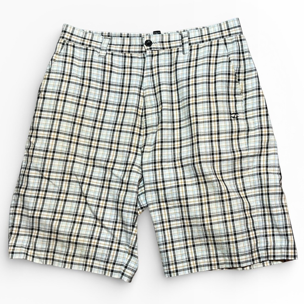 Split Skateboarding Plaid Shorts Mens 33 Tan White Black Checkered Skater Y2K‎
